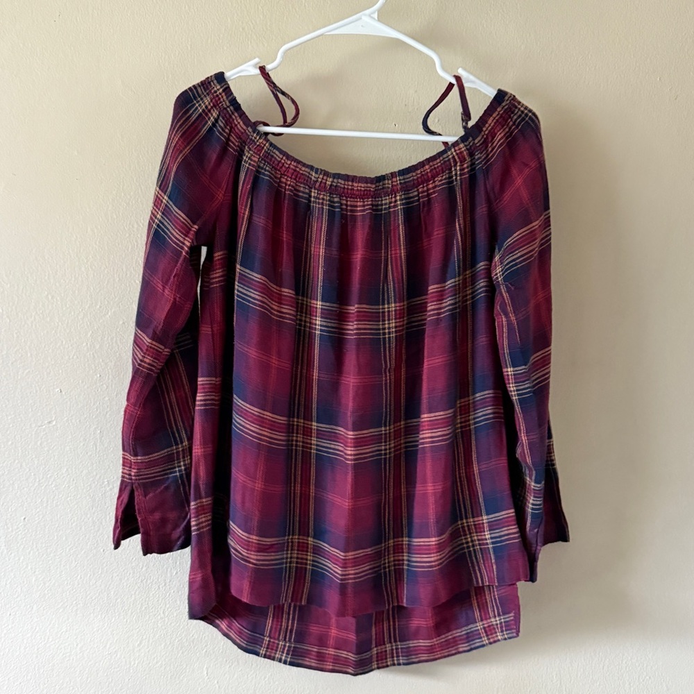 Anthropologie Cloth & Stone Flannel Plaid Off the Shoulder Top Size S